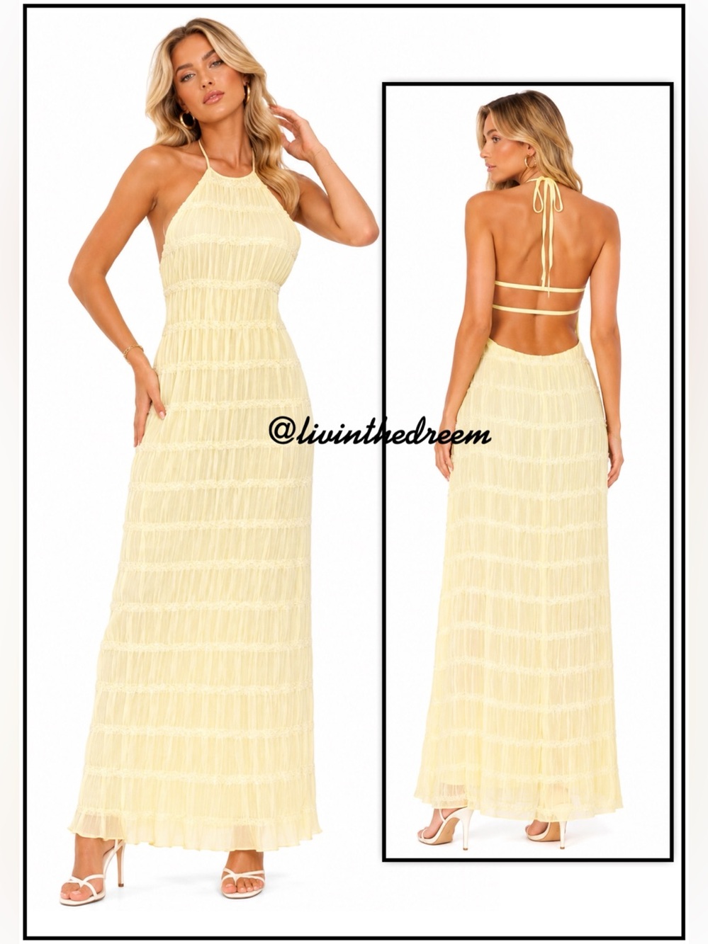 Yellow Halter Pleated Texture Open Multi-Strap Back Maxi Dress SZ S